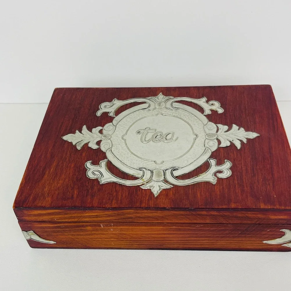 Vintage Wood Tea Storage Box Chest Brown Silver Embossed Metal Overlay Divided